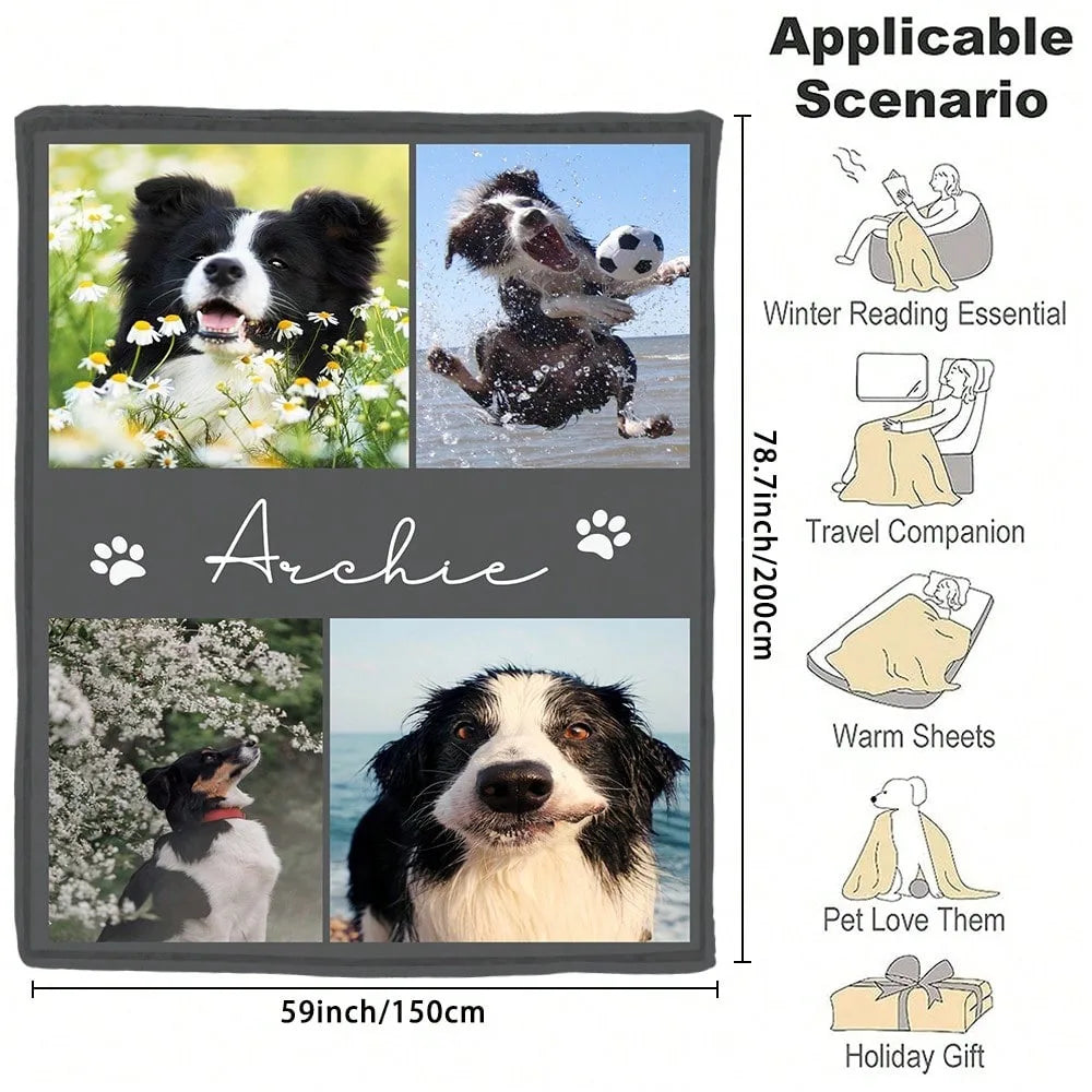 1PC Personalized Pet Flannel Blanket with Baby Dog Name And Photos - Customized Gift for Camping And Travel For Pets