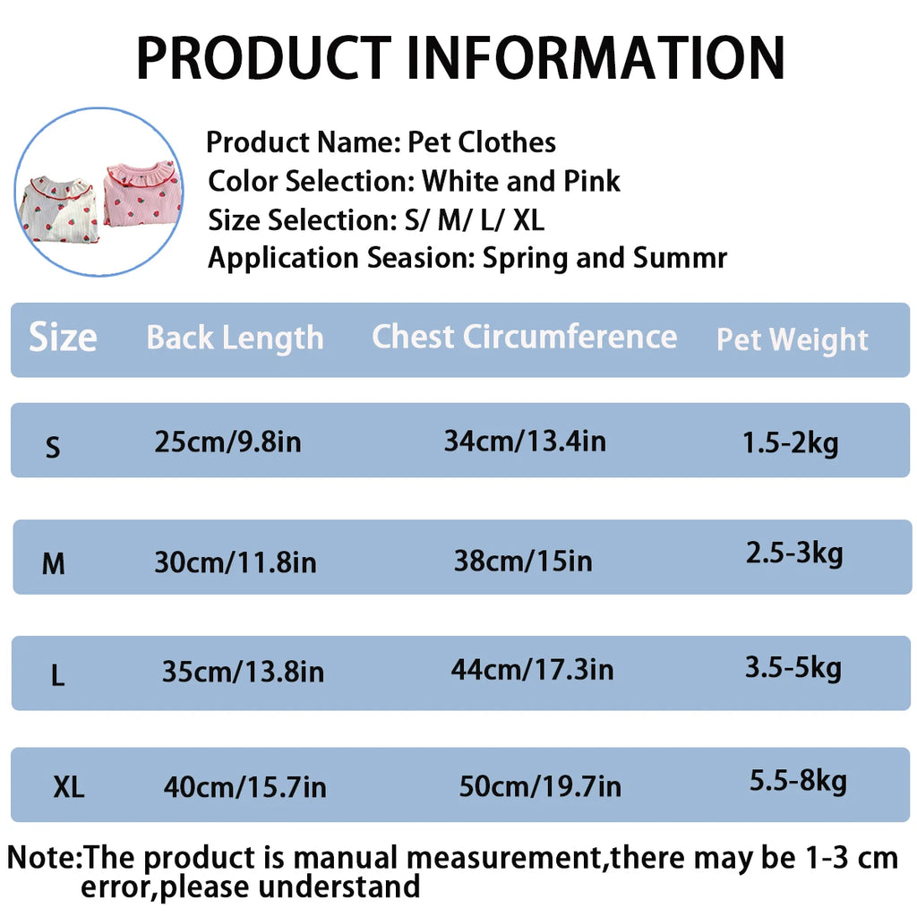Strawberry Small Dog Clothes Summer Breathable Clothing for Cat Cute Dog Clothing for Small Dog Vest Ruffled Collar Pet Clothes