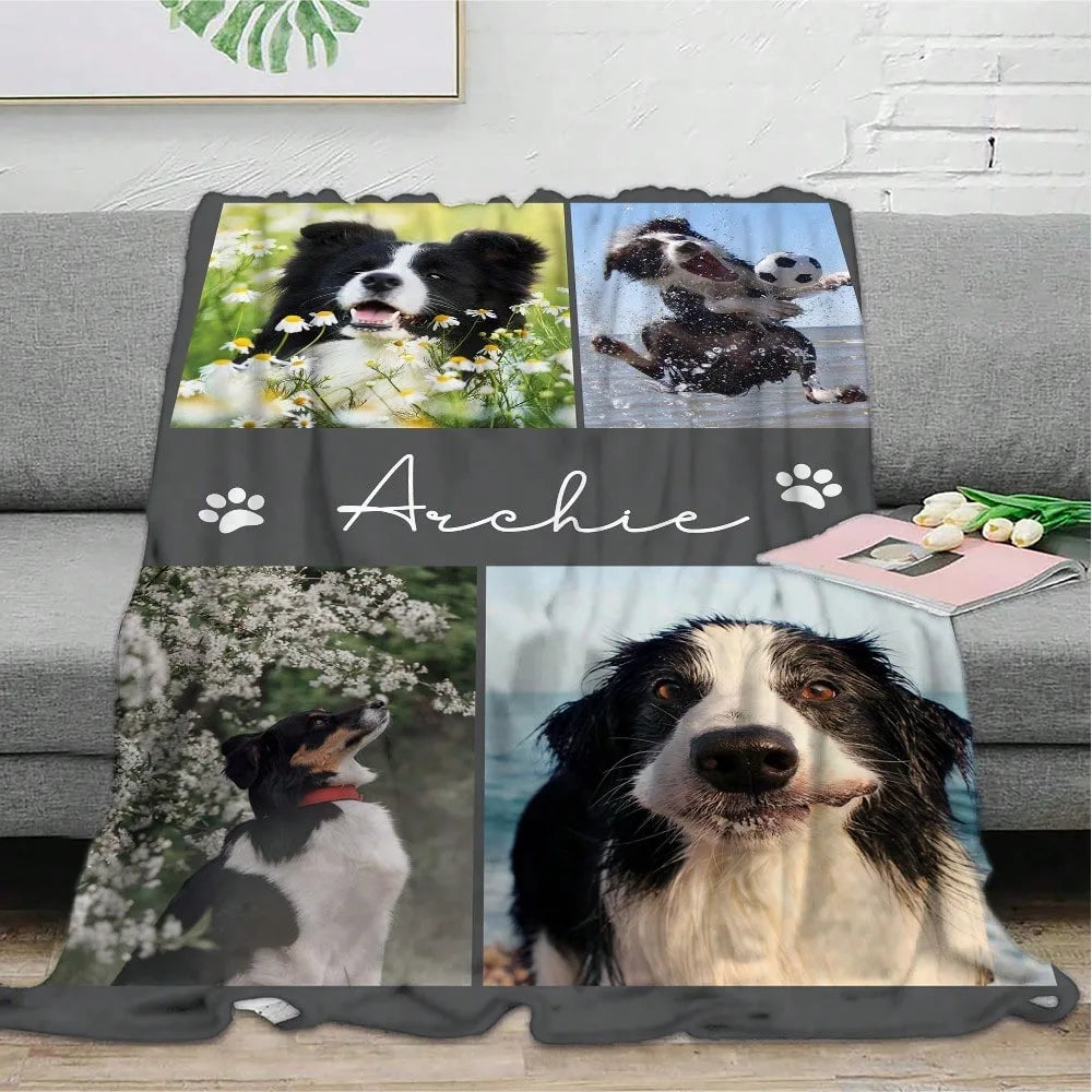1PC Personalized Pet Flannel Blanket with Baby Dog Name And Photos - Customized Gift for Camping And Travel For Pets