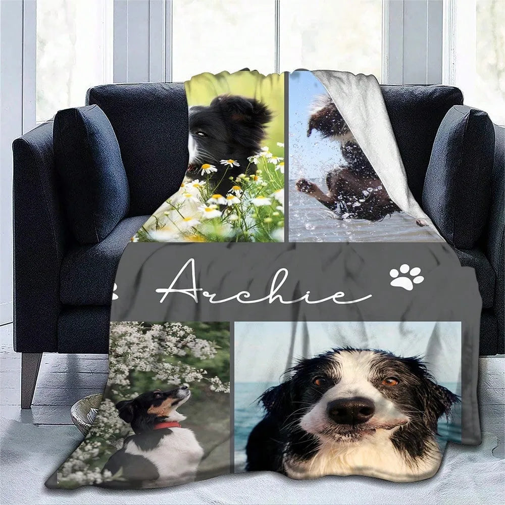 1PC Personalized Pet Flannel Blanket with Baby Dog Name And Photos - Customized Gift for Camping And Travel For Pets
