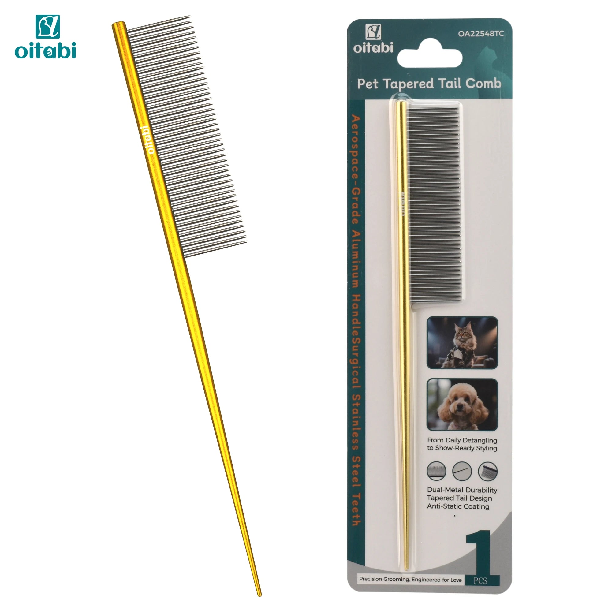 Oitabi Deluxe Pet Detangling Comb for Matted Hair, Long and Short Haired Dogs and Cats, Dense Needle for Easy Hair Removal
