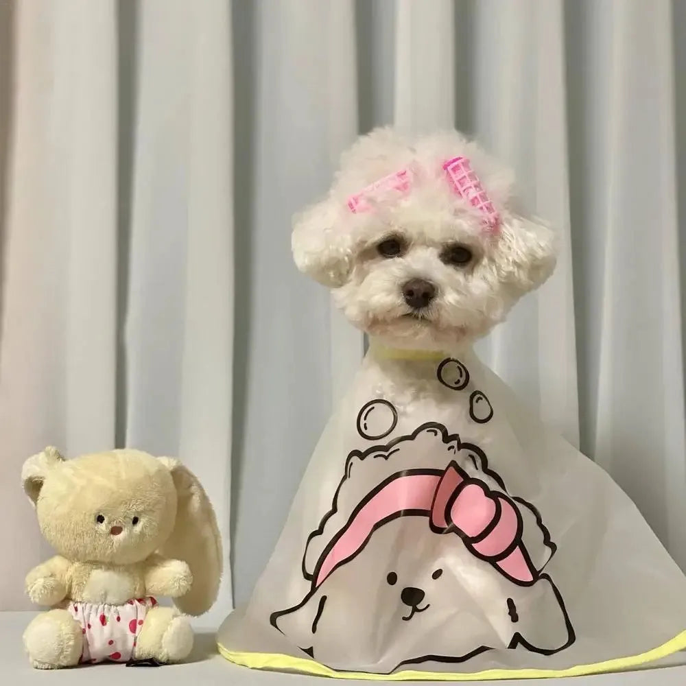 Adjustable Pet Cloak Cartoon Print Transparent Pet Haircut Cape Polyester Waterproof Pets Clothes Cloak For Dogs Cats Tear Stain