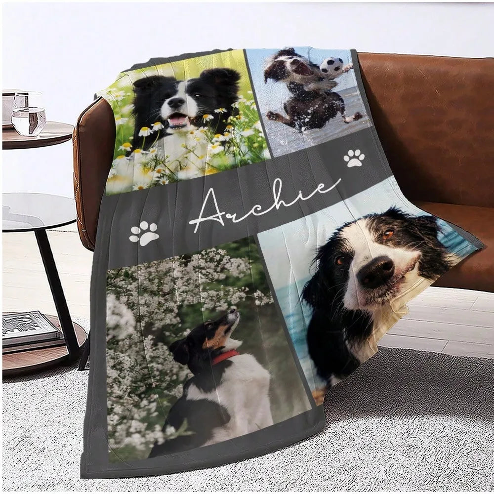 1PC Personalized Pet Flannel Blanket with Baby Dog Name And Photos - Customized Gift for Camping And Travel For Pets
